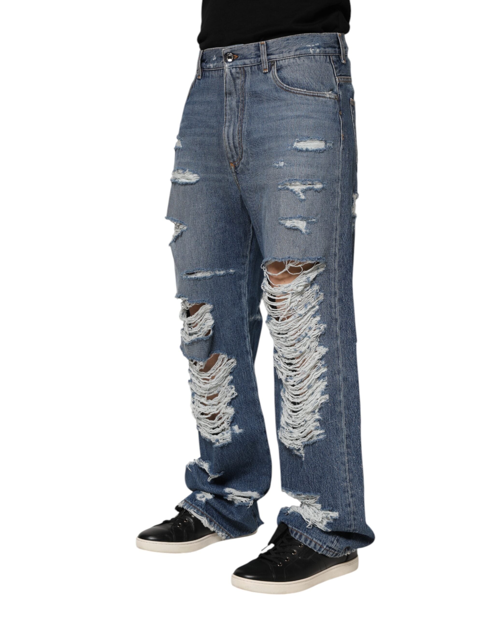 Dolce & Gabbana Blue Ripped Cotton Logo Plaque Denim Jeans