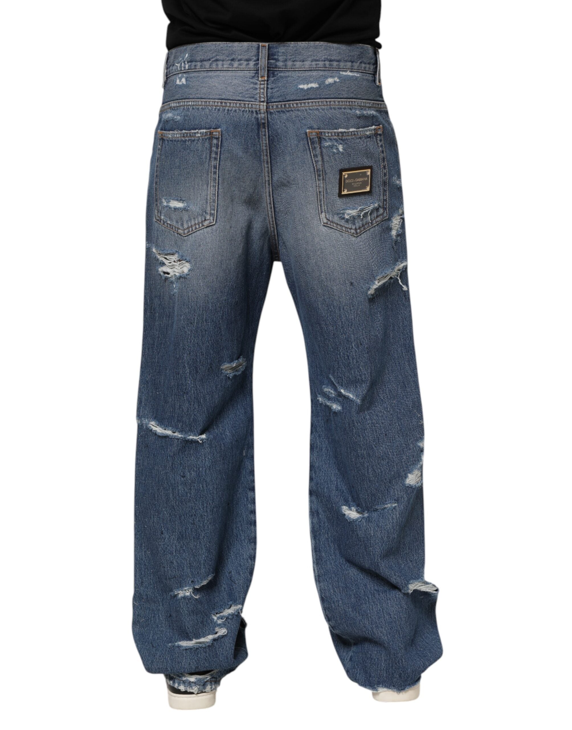 Dolce & Gabbana Blue Ripped Cotton Logo Plaque Denim Jeans