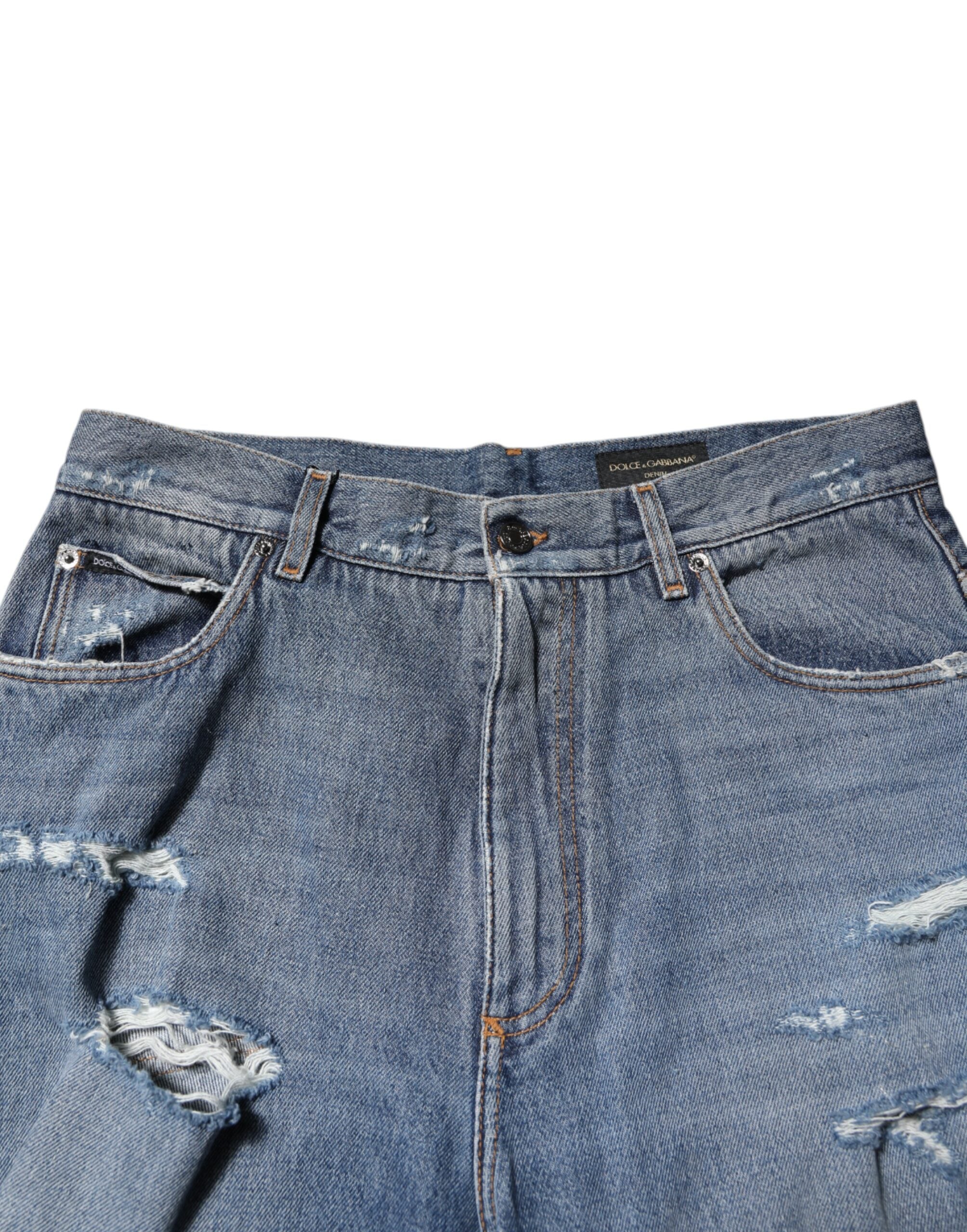 Dolce & Gabbana Blue Ripped Cotton Logo Plaque Denim Jeans