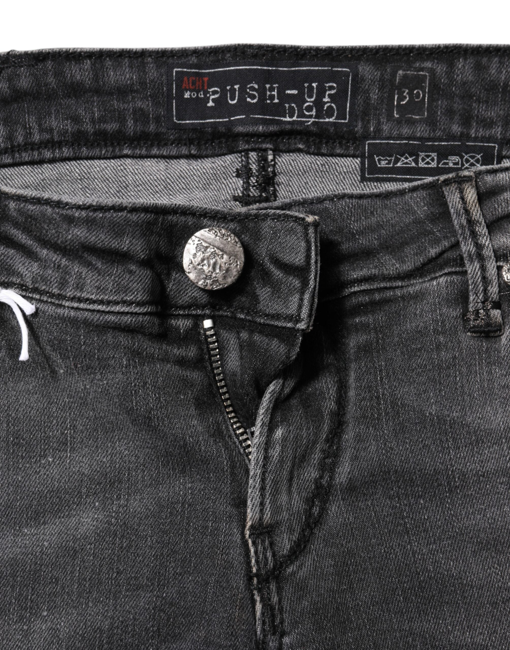 Acht Dunkelgraue Slim Fit Denim-Jeans aus Baumwolle mit niedriger Taille