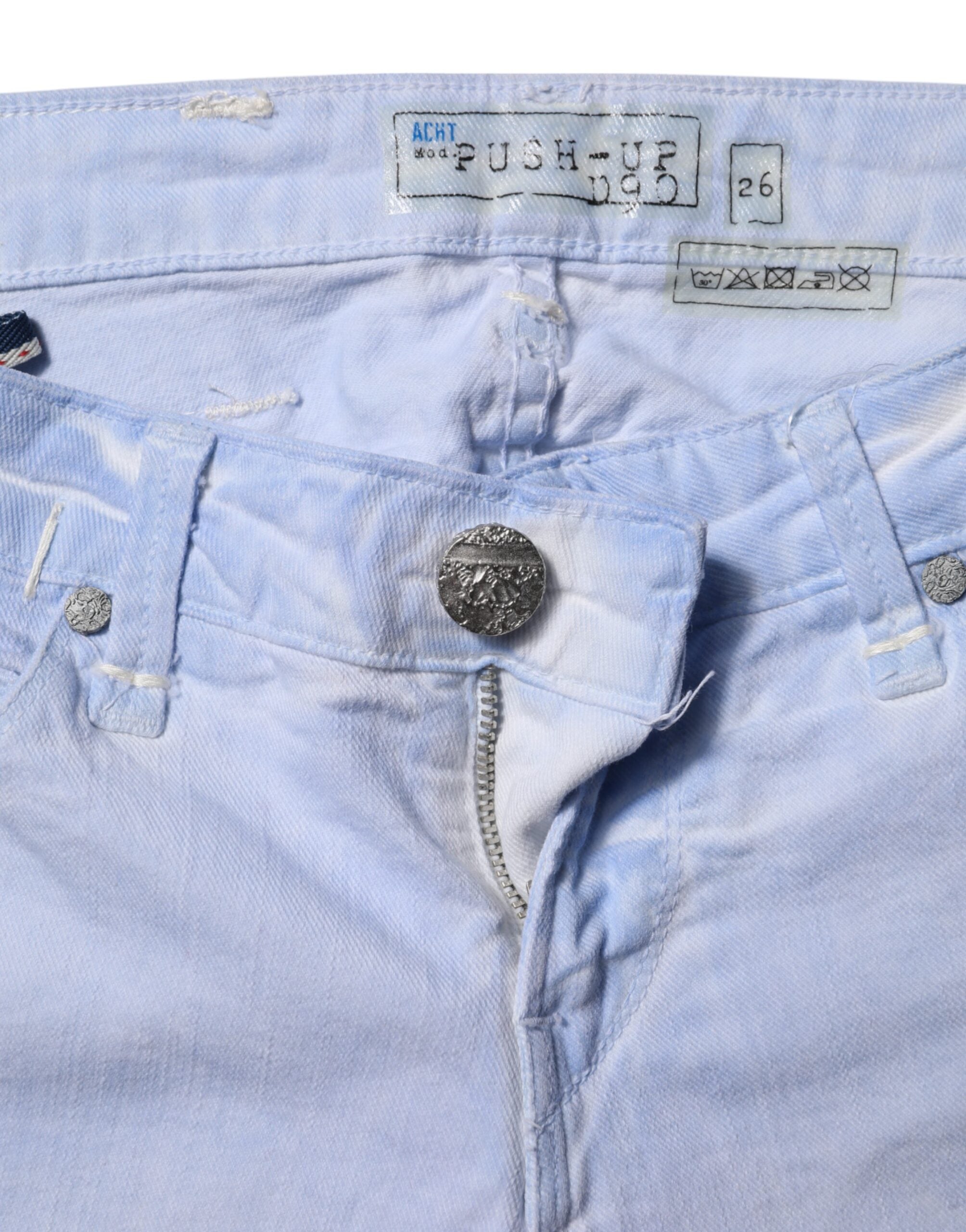 Acht Hellblaue Slim Fit Denim-Jeans aus Baumwolle mit niedriger Taille