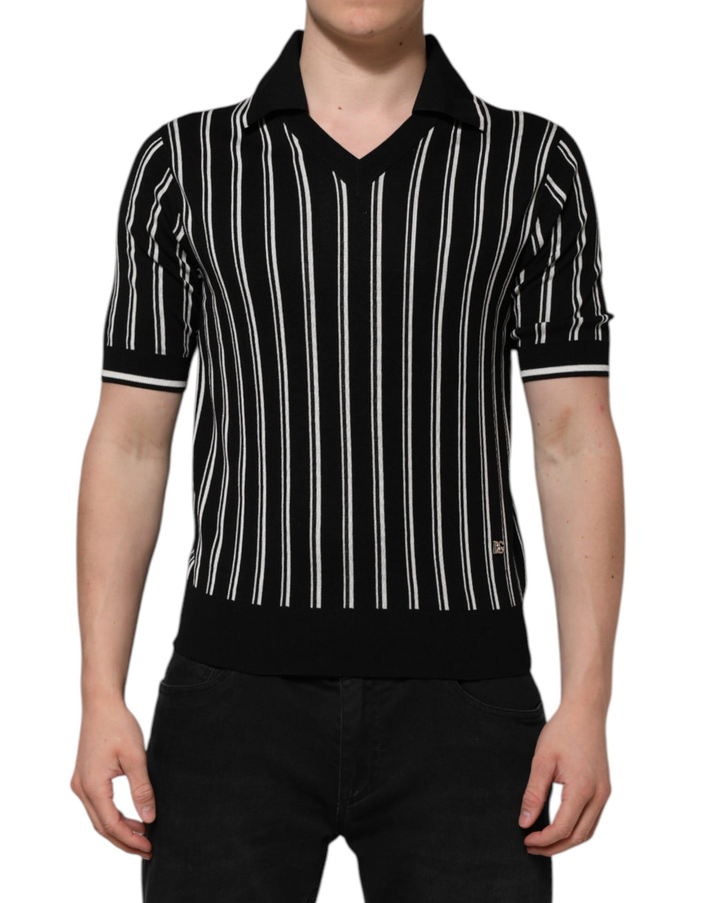 Dolce & Gabbana Black and White Striped Polo T-Shirt with Collar