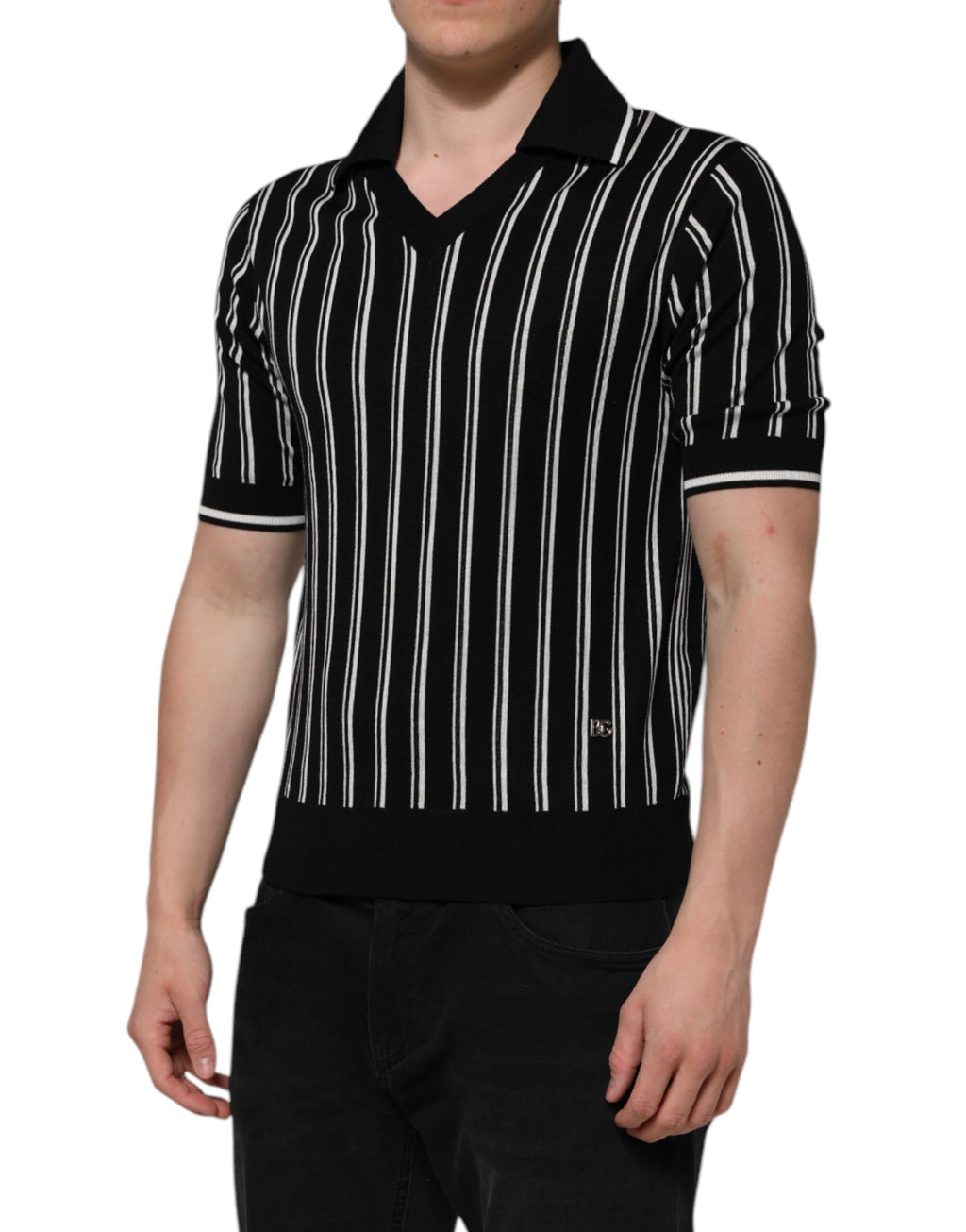 Dolce & Gabbana Black and White Striped Polo T-Shirt with Collar