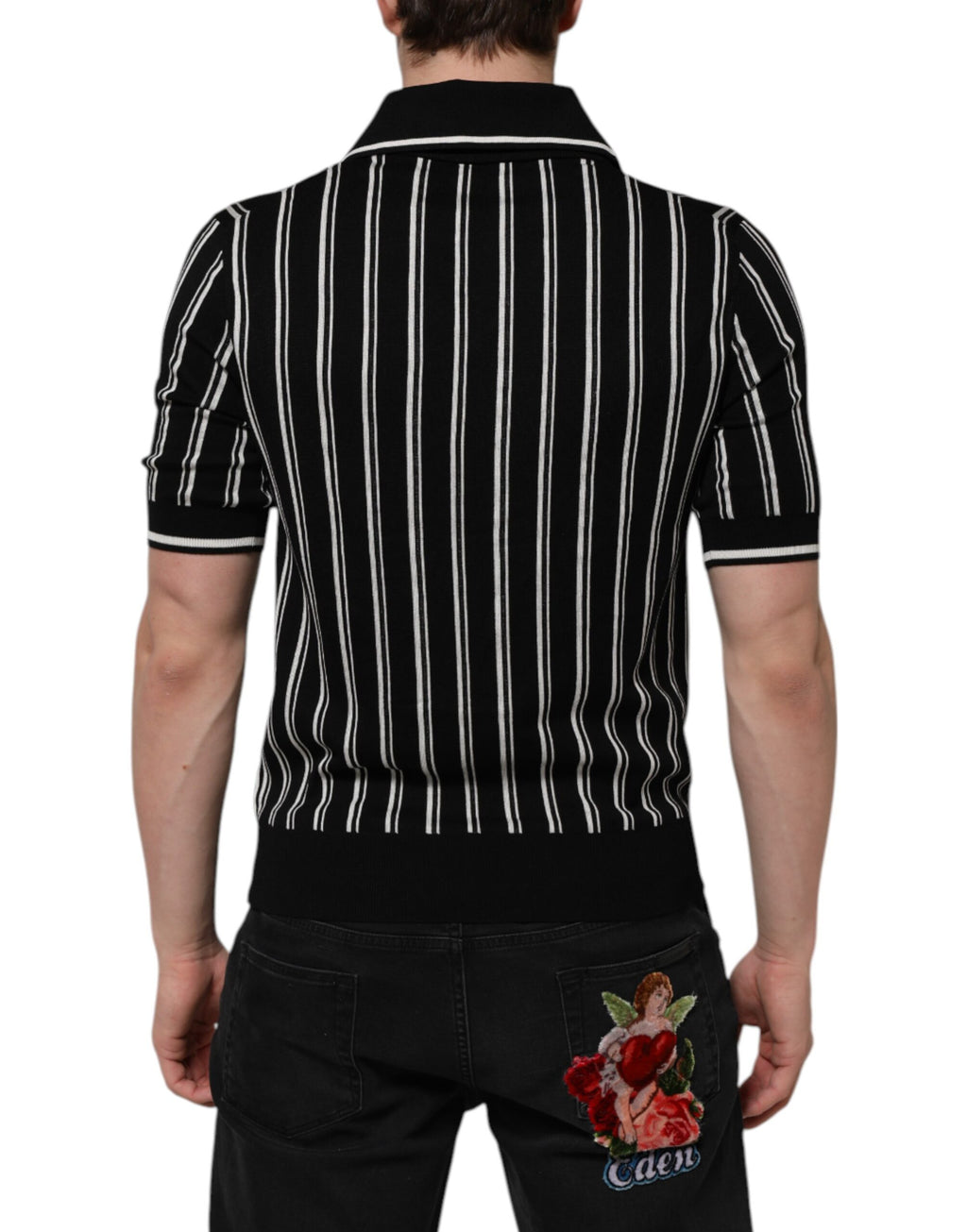 Dolce & Gabbana Black and White Striped Polo T-Shirt with Collar