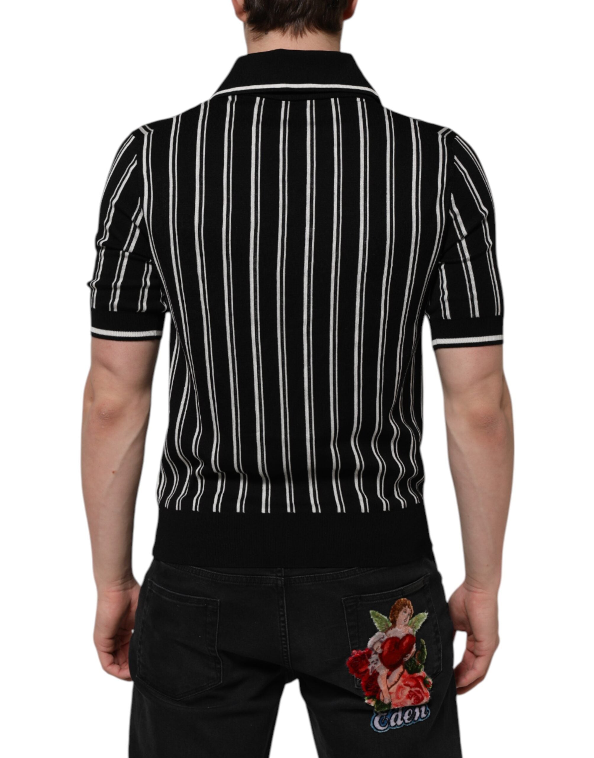 Dolce & Gabbana Black and White Striped Polo T-Shirt with Collar