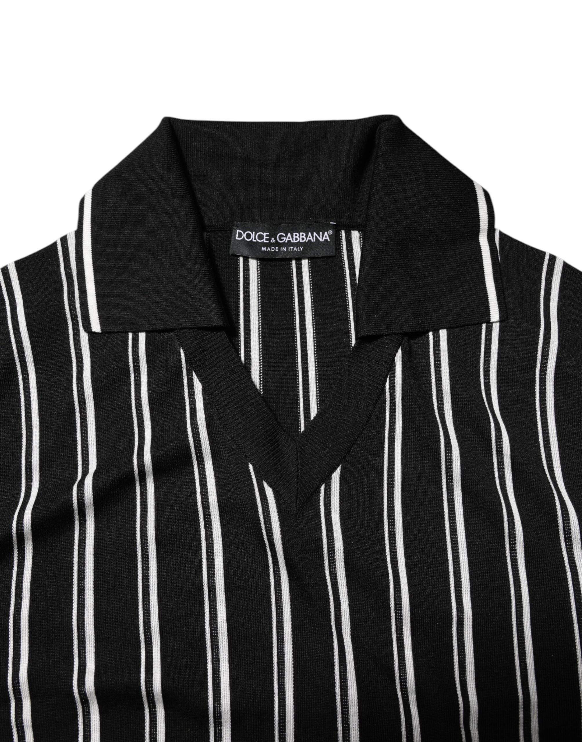 Dolce & Gabbana Black and White Striped Polo T-Shirt with Collar
