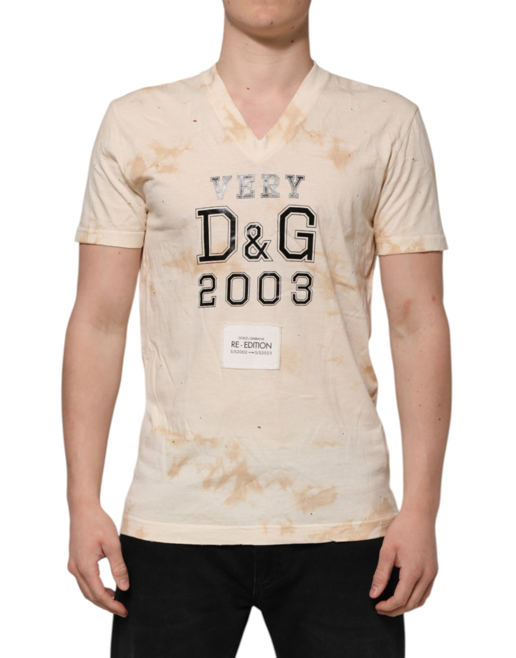 Dolce & Gabbana Beige Logo-Print V-Neck Short Sleeve T-Shirt