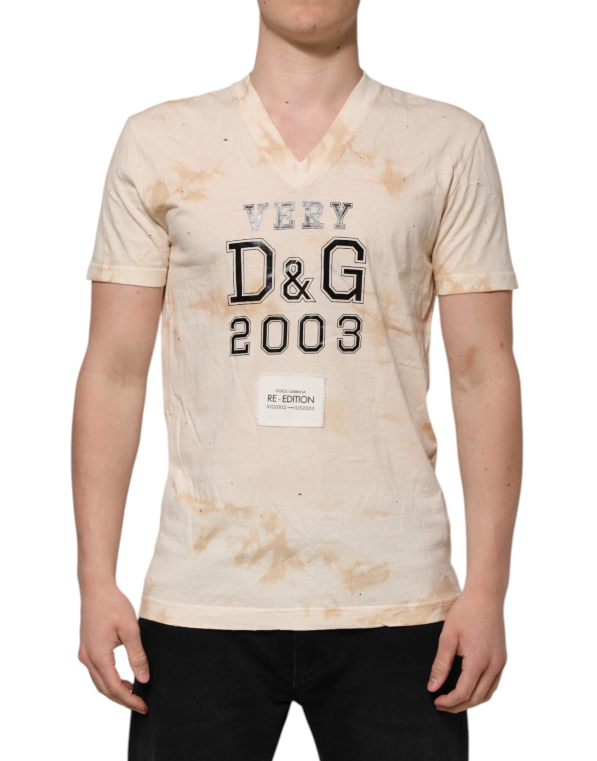 Dolce & Gabbana Beige Logo-Print V-Neck Short Sleeve T-Shirt