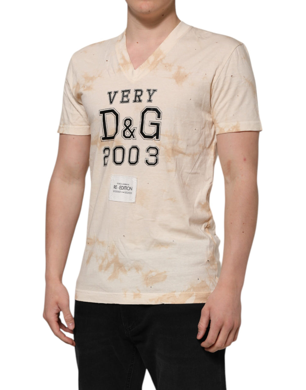 Dolce & Gabbana Beige Logo-Print V-Neck Short Sleeve T-Shirt