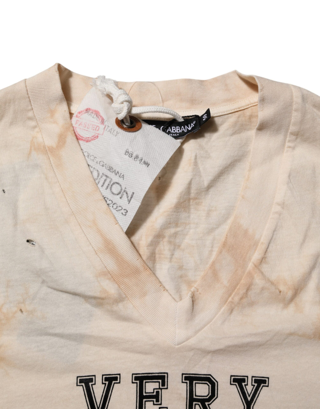 Dolce & Gabbana Beige Logo-Print V-Neck Short Sleeve T-Shirt