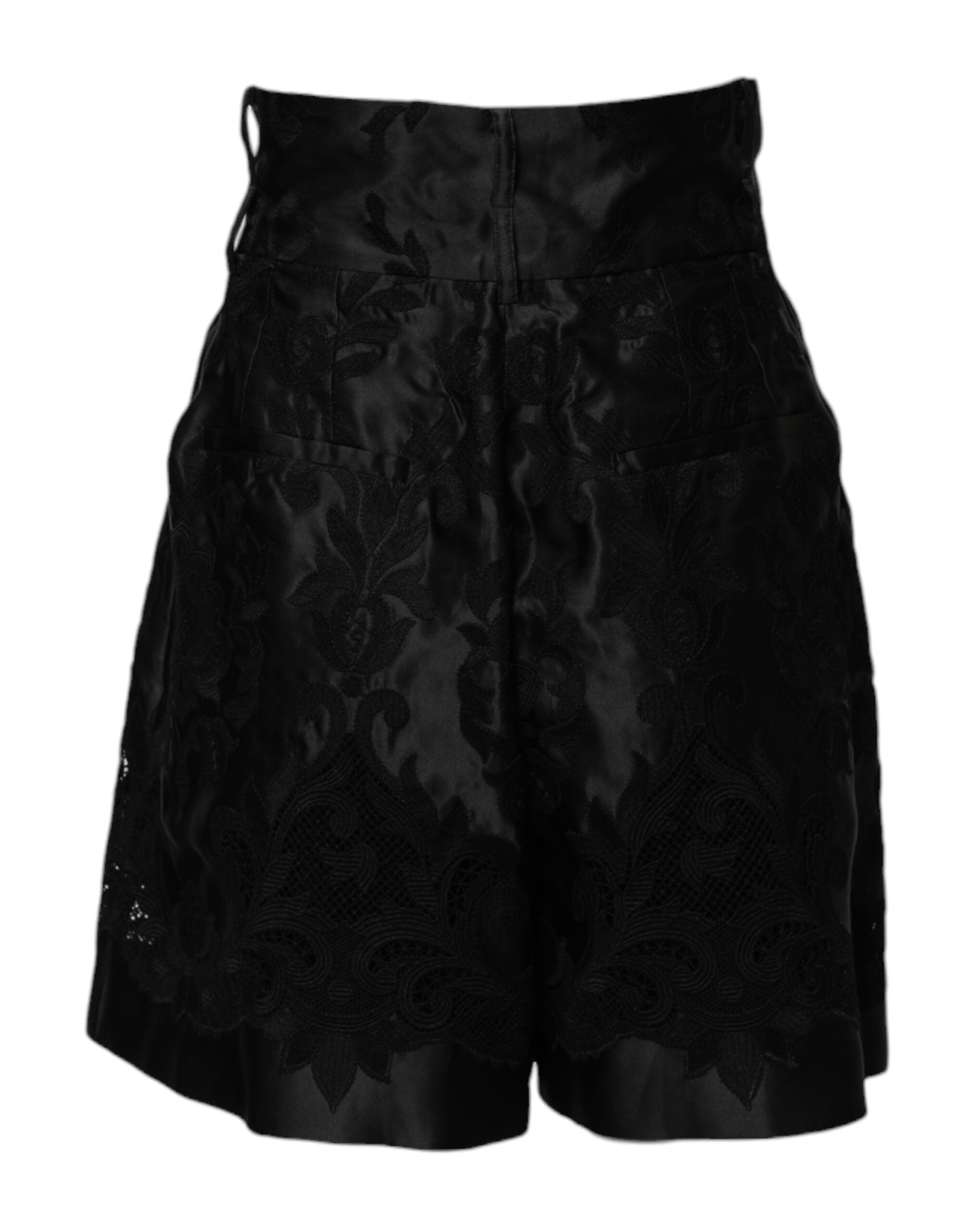 Dolce & Gabbana Black Floral Embroidered High-Waist Silk Shorts