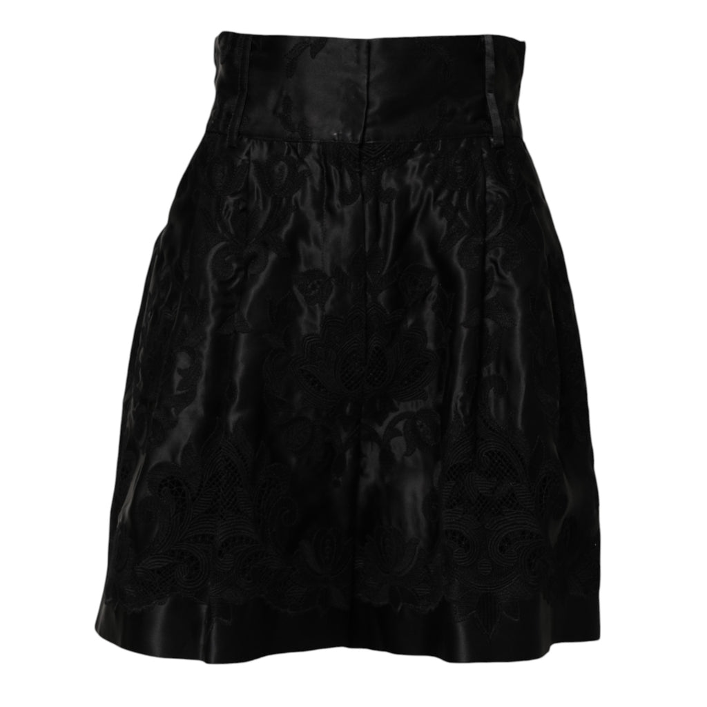 Dolce & Gabbana Black Floral Embroidered High-Waist Silk Shorts
