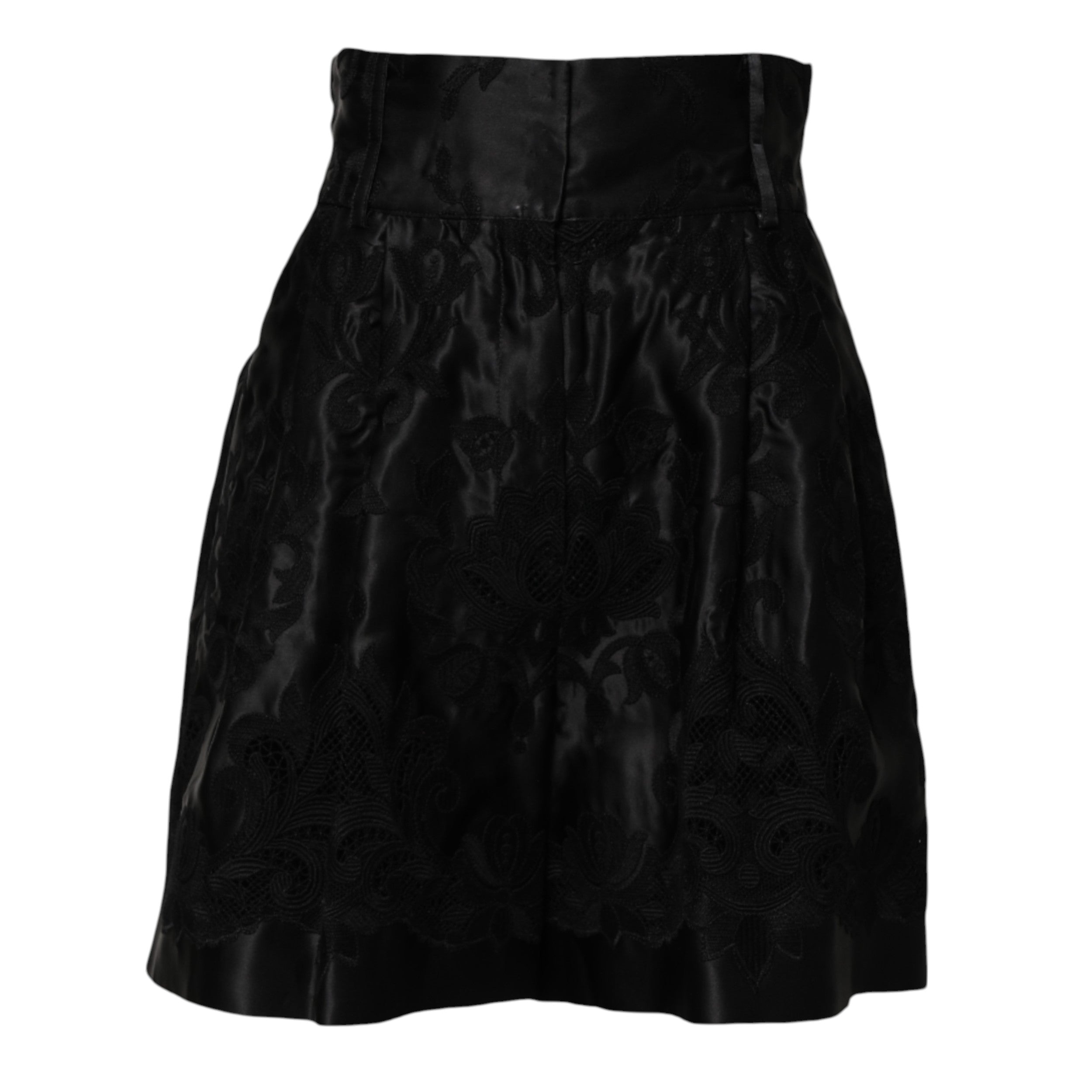Dolce & Gabbana Black Floral Embroidered High-Waist Silk Shorts