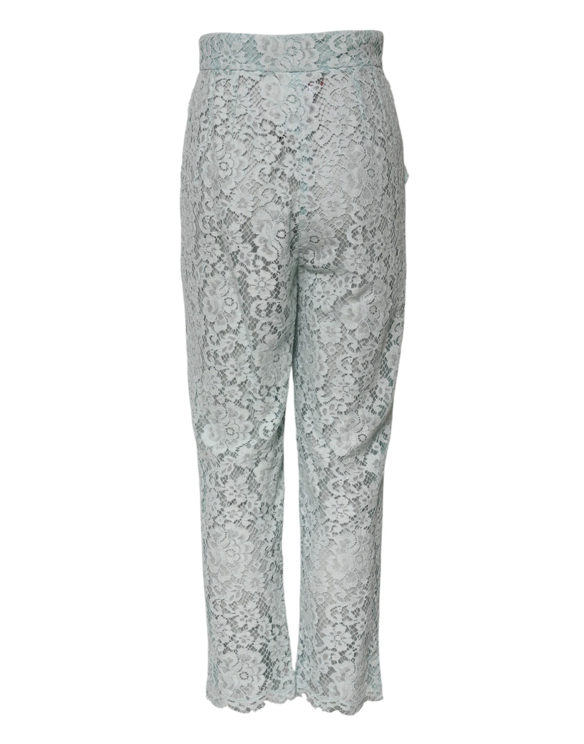 Dolce & Gabbana Mint Green Cotton Trousers with Floral Lace