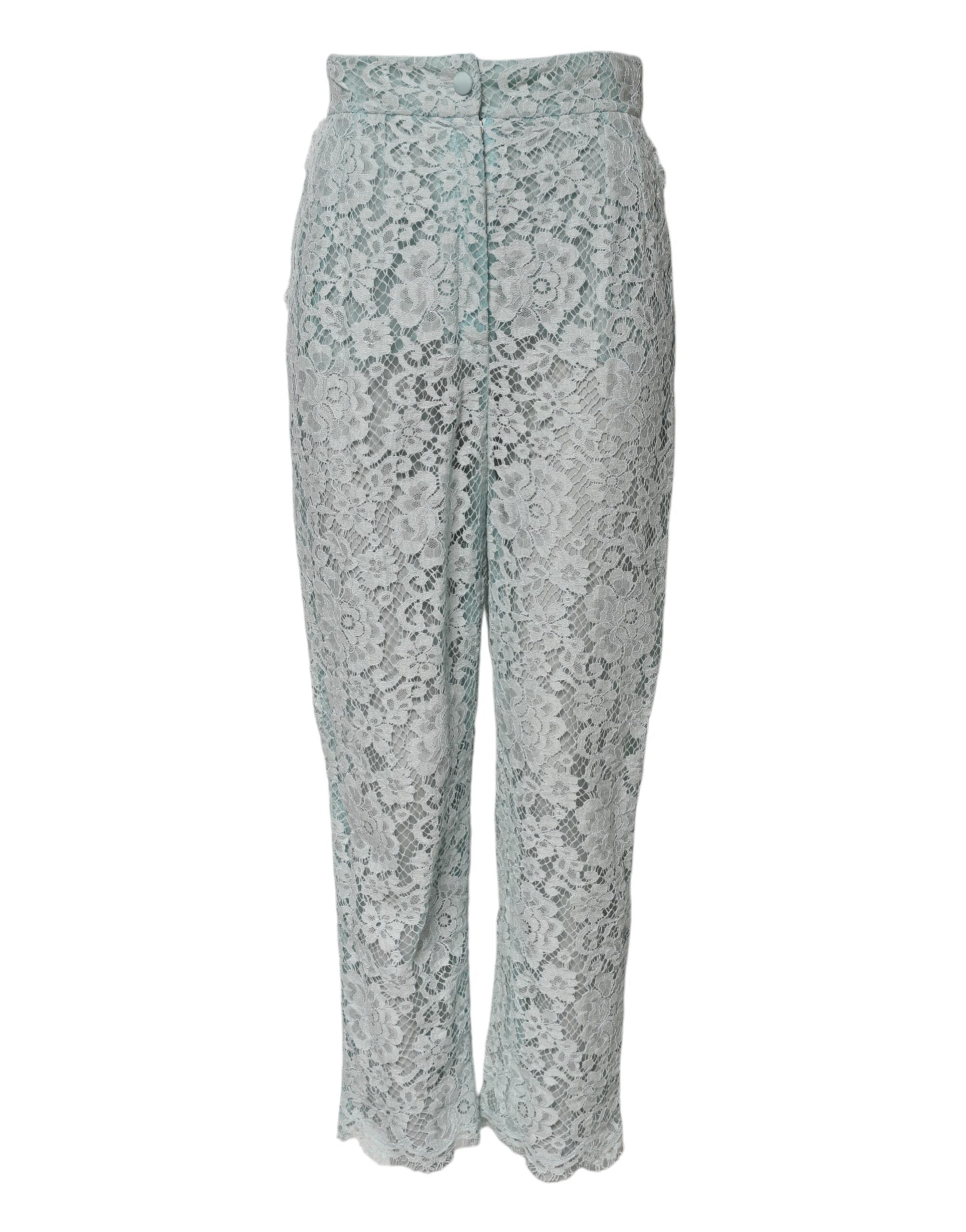 Dolce & Gabbana Mint Green Cotton Trousers with Floral Lace