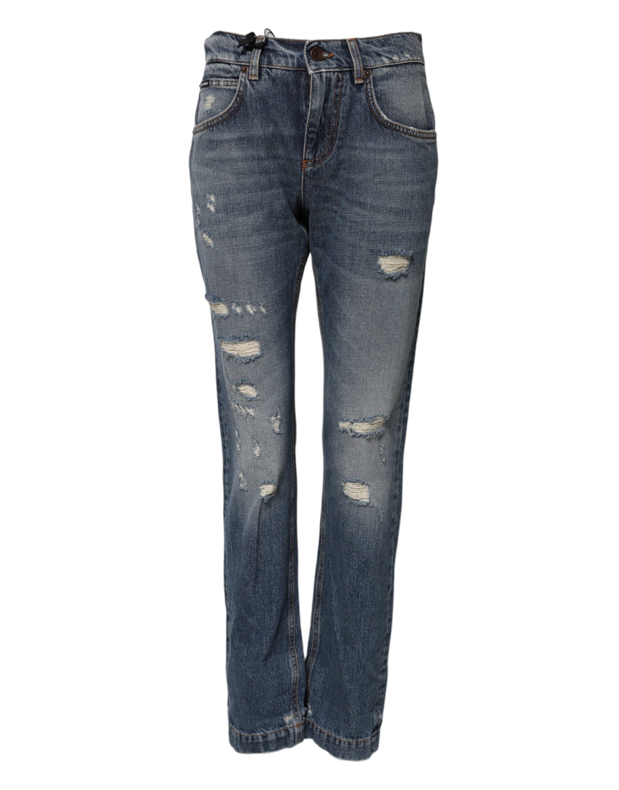 Dolce & Gabbana Blue Frayed Mid-Rise Cotton Denim Jeans