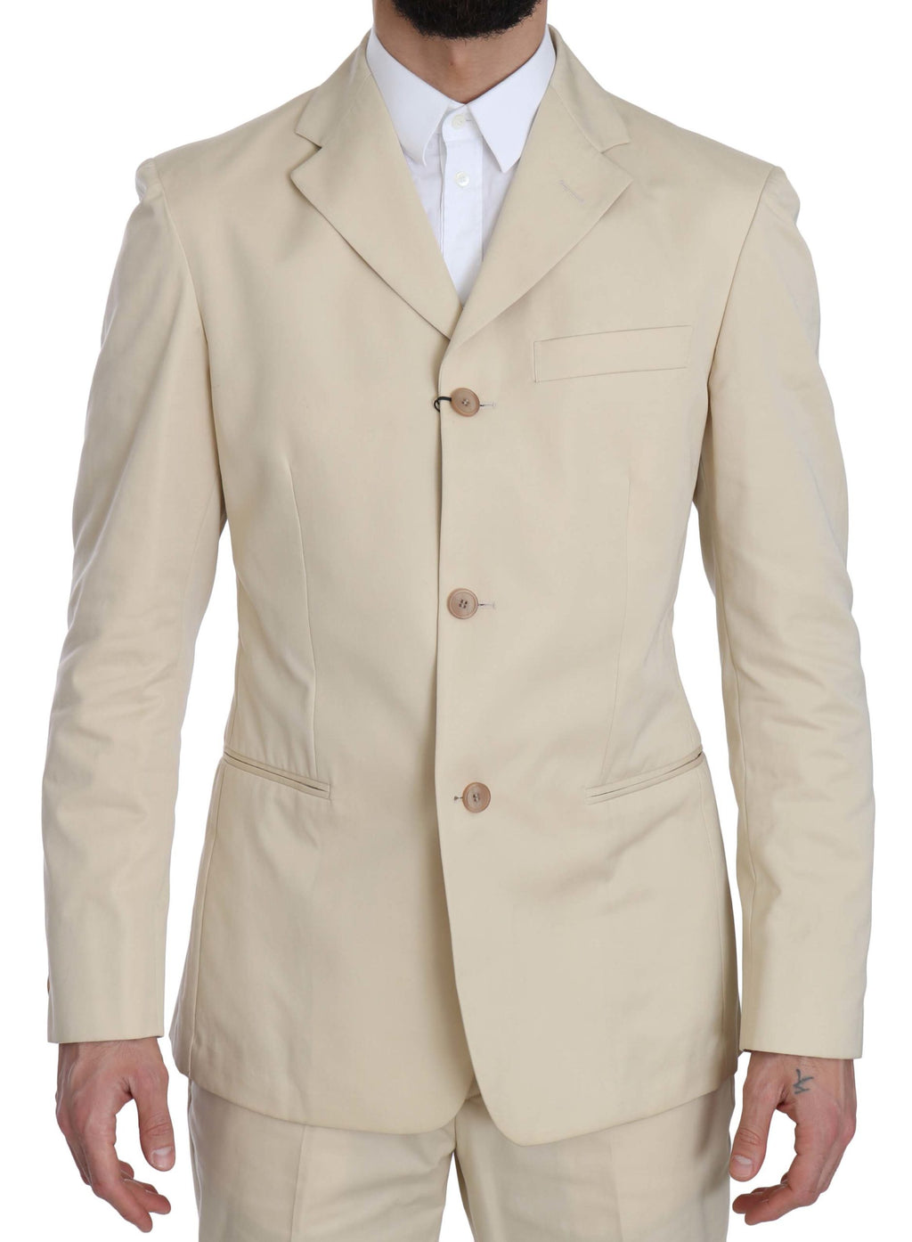 Romeo Gigli Two-Piece 3-Button Suit in Solid Beige Cotton
