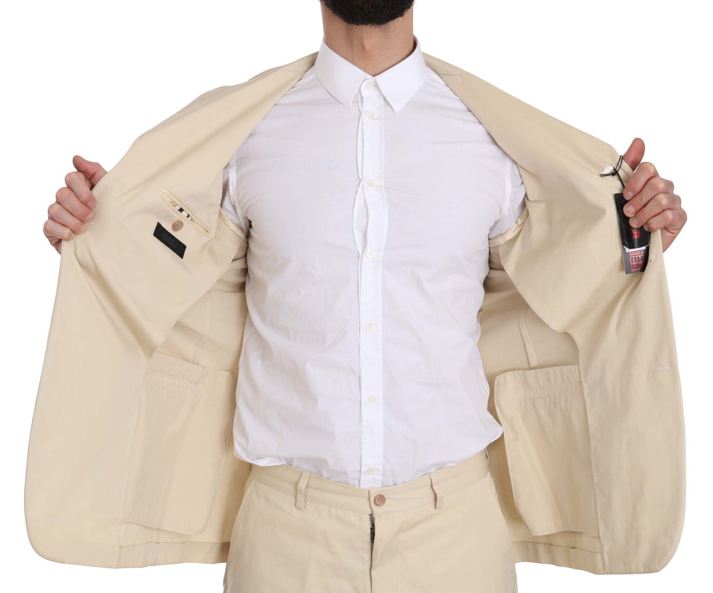Romeo Gigli Two-Piece 3-Button Suit in Solid Beige Cotton