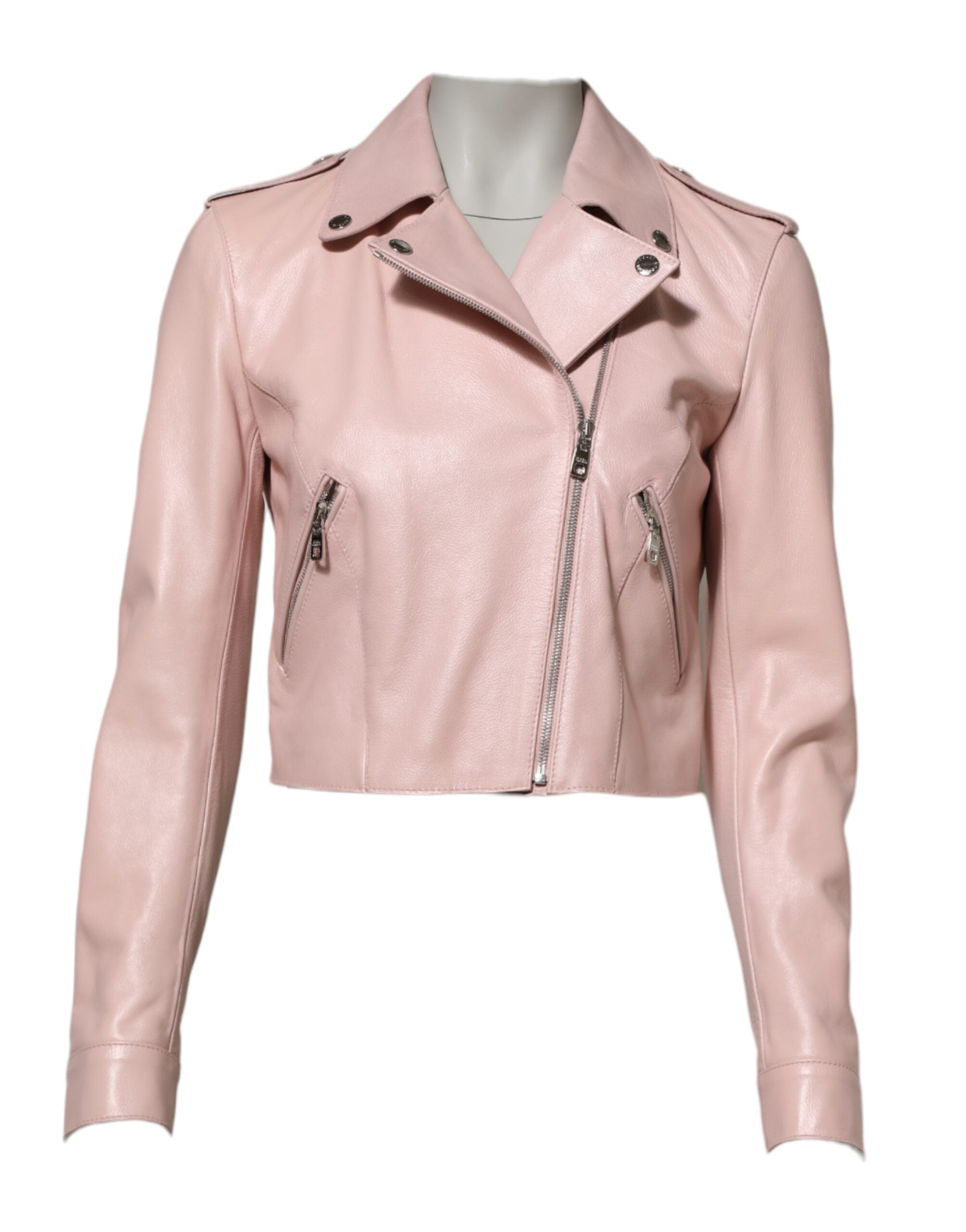 Dolce & Gabbana Hellrosa Kragen Leder Frauen Biker Jacke