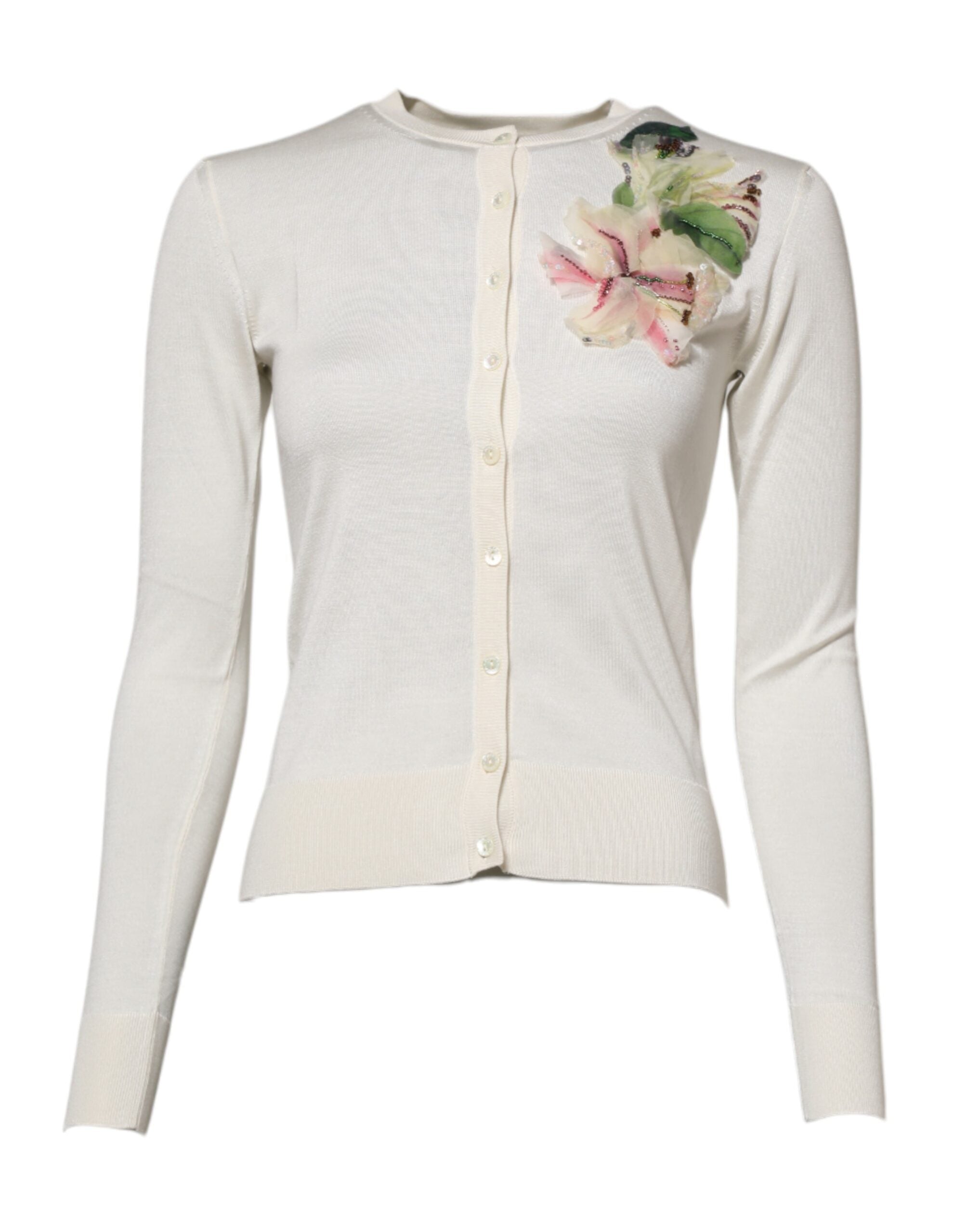 Dolce & Gabbana White Silk Lily Button Cardigan