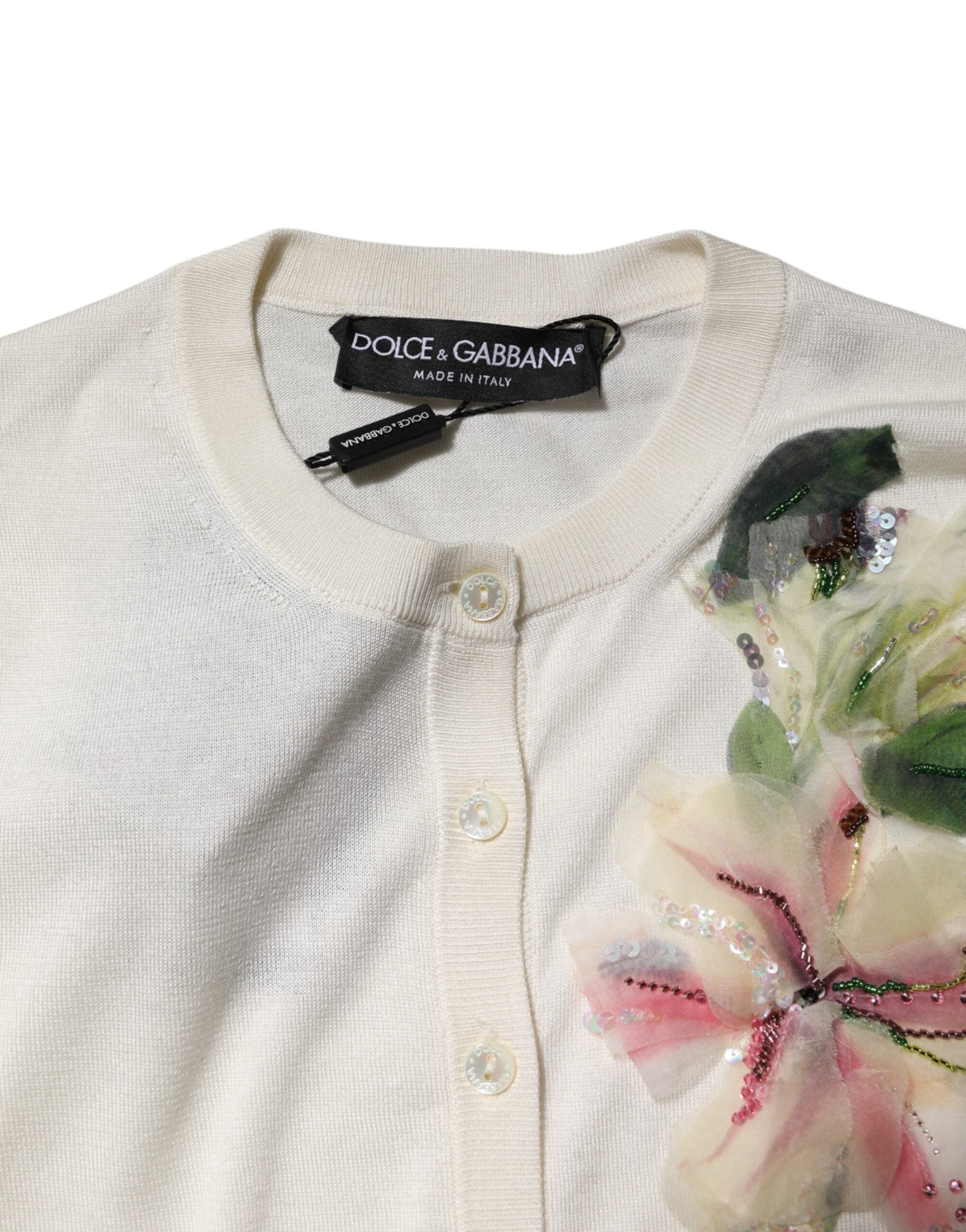 Dolce & Gabbana White Silk Lily Button Cardigan
