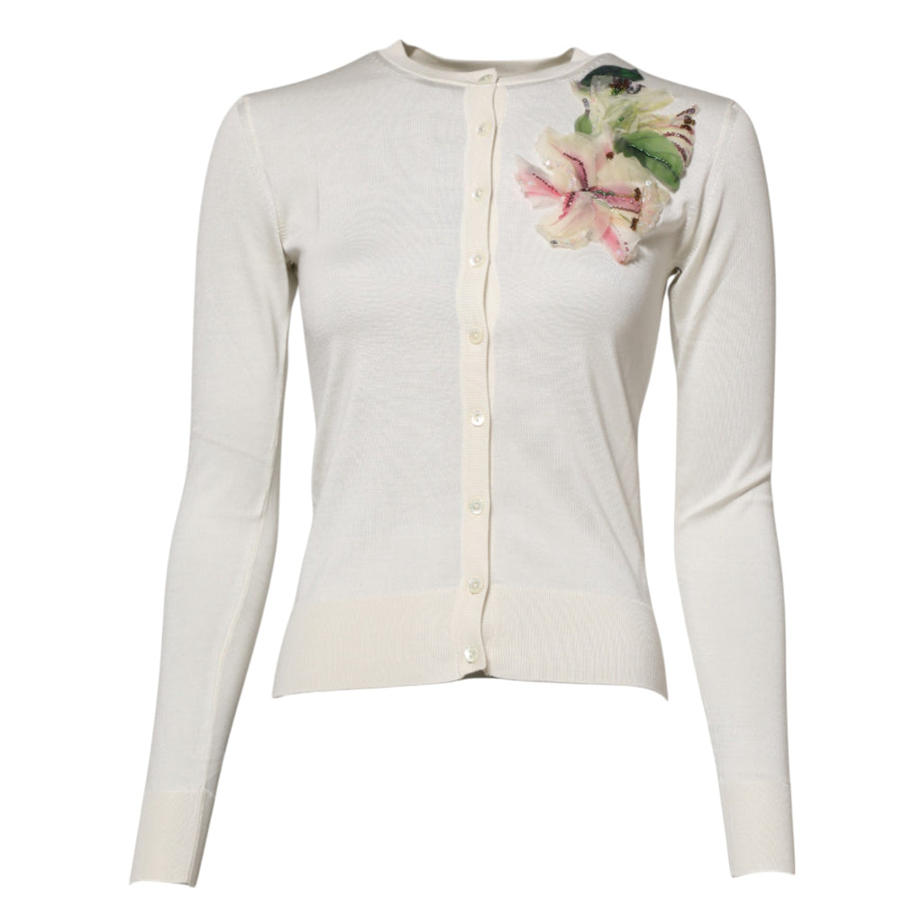 Dolce & Gabbana White Silk Lily Button Cardigan