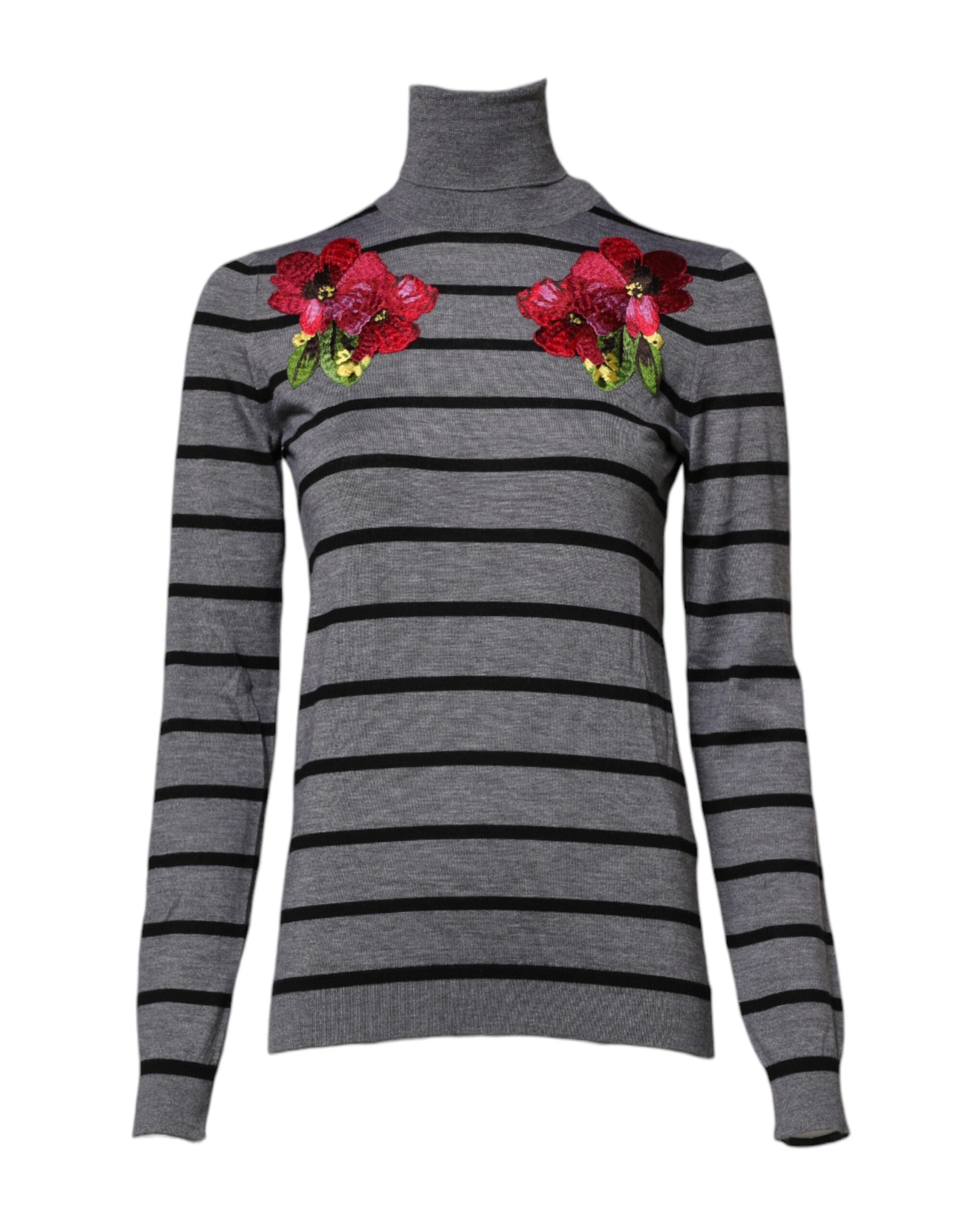 Dolce & Gabbana Grey Sweater with Floral Embroidery
