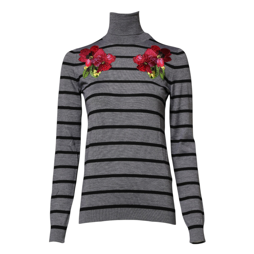 Dolce & Gabbana Grey Sweater with Floral Embroidery
