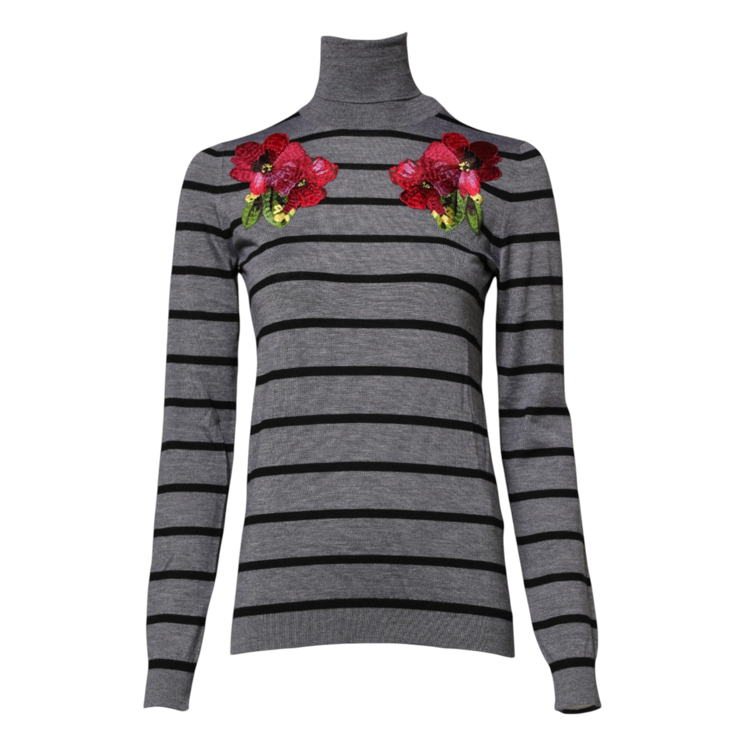 Dolce & Gabbana Grey Sweater with Floral Embroidery