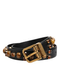 Dolce & Gabbana Black Leather Studded Belt with Gold-Tone Buckle