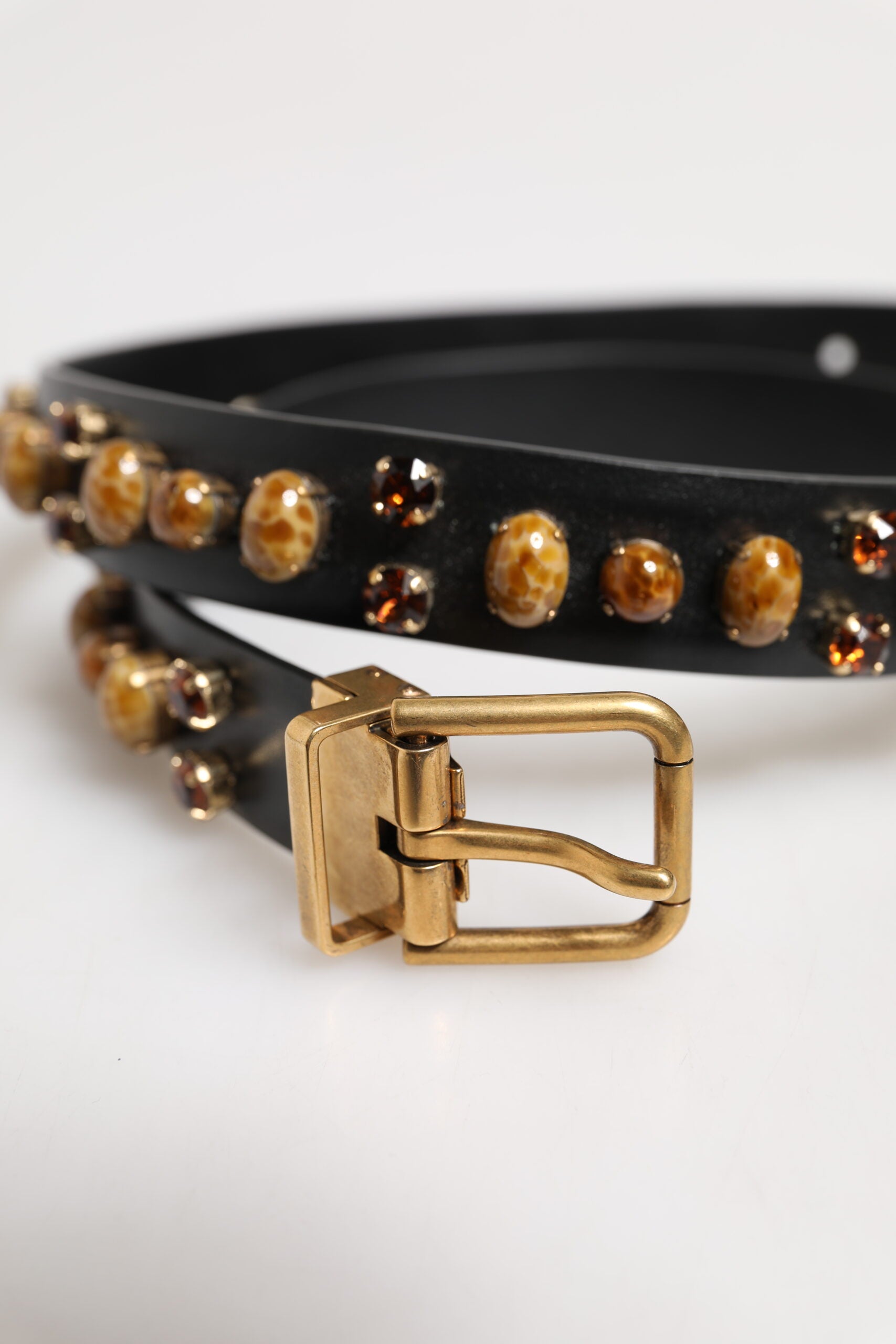 Dolce & Gabbana Black Leather Studded Belt with Gold-Tone Buckle