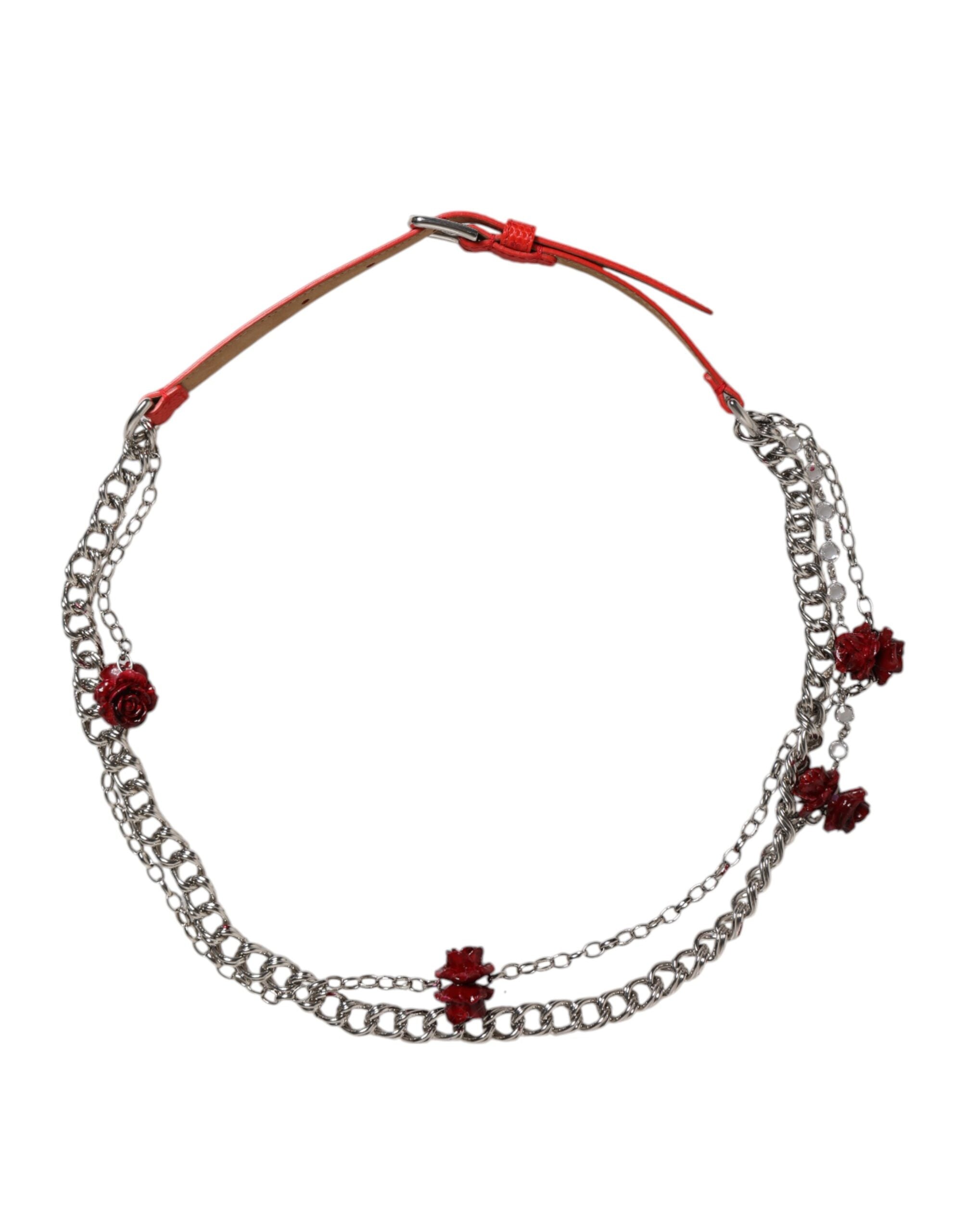 Dolce & Gabbana Roter Leder Silber Kette Floral Cintura Gürtel