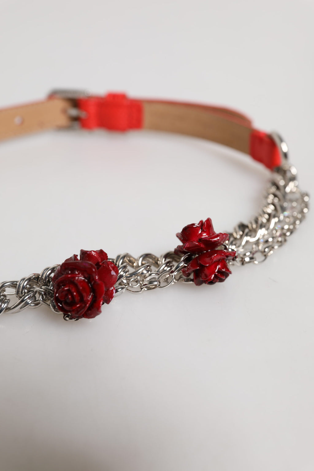Dolce & Gabbana Roter Leder Silber Kette Floral Cintura Gürtel