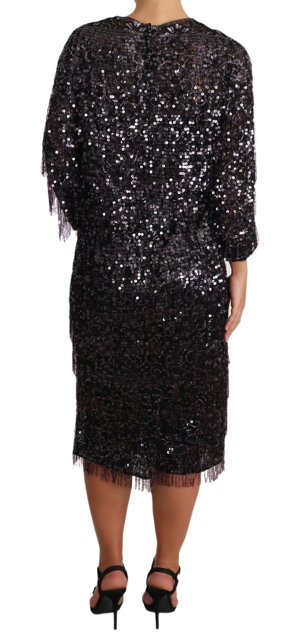 Dolce & Gabbana Black Sequin Long Sleeve Shift Midi Dress