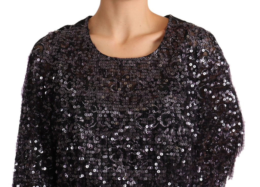 Dolce & Gabbana Black Sequin Long Sleeve Shift Midi Dress