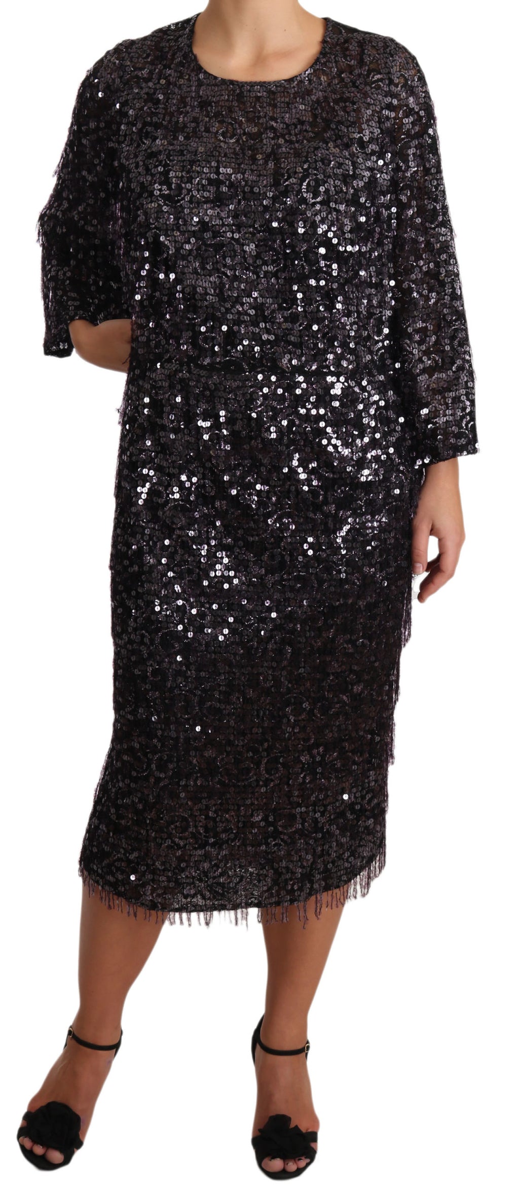 Dolce & Gabbana Black Sequin Long Sleeve Shift Midi Dress