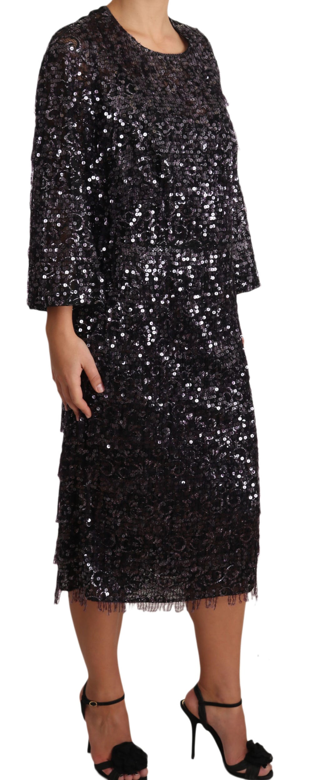 Dolce & Gabbana Black Sequin Long Sleeve Shift Midi Dress