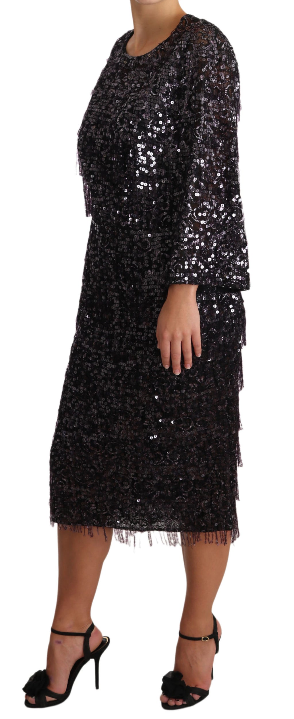 Dolce & Gabbana Black Sequin Long Sleeve Shift Midi Dress