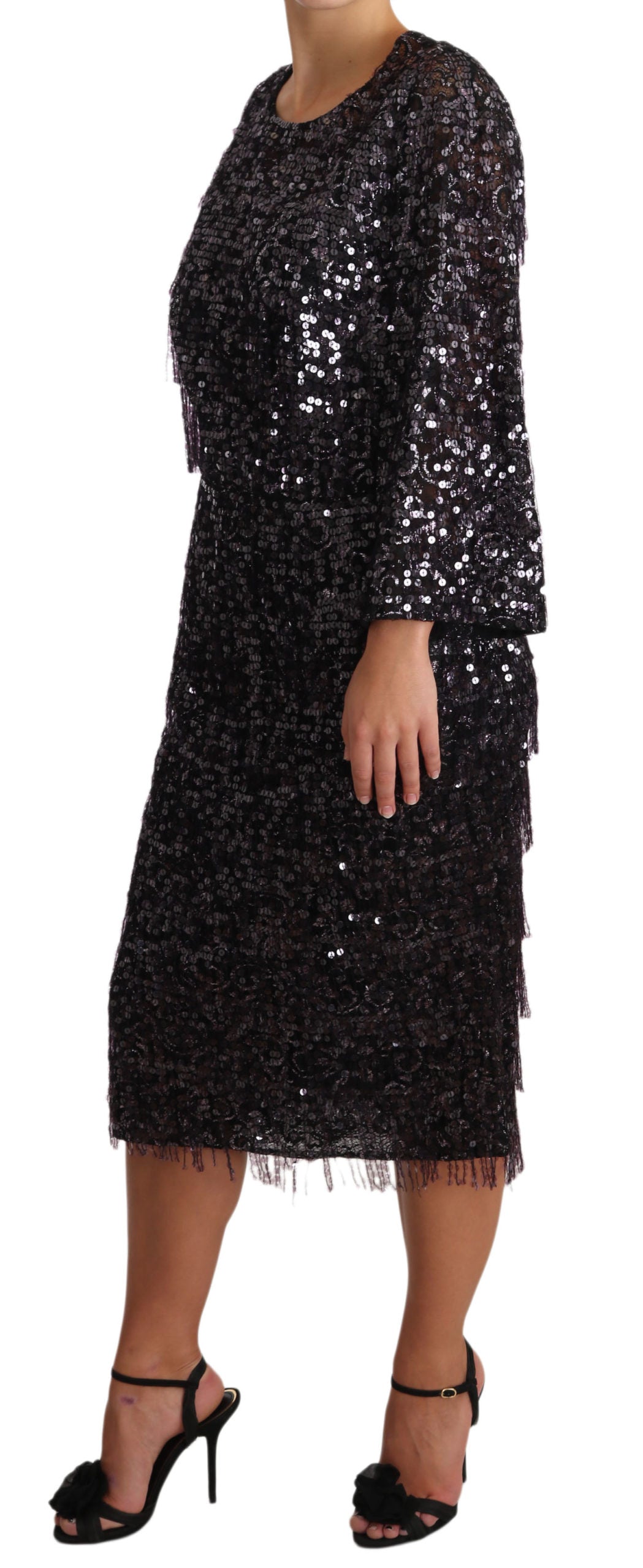 Dolce & Gabbana Black Sequin Long Sleeve Shift Midi Dress