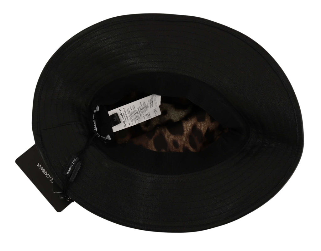 Dolce & Gabbana Black Leather DG Coin Crystal Wide-Brim Hat