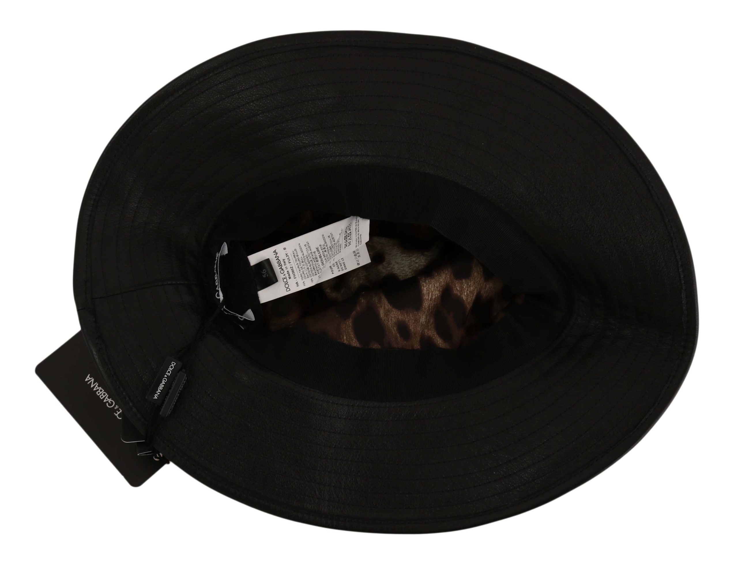 Dolce & Gabbana Black Leather DG Coin Crystal Wide-Brim Hat
