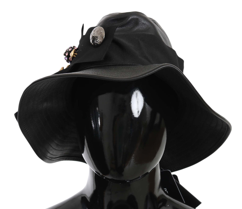 Dolce & Gabbana Black Leather DG Coin Crystal Wide-Brim Hat