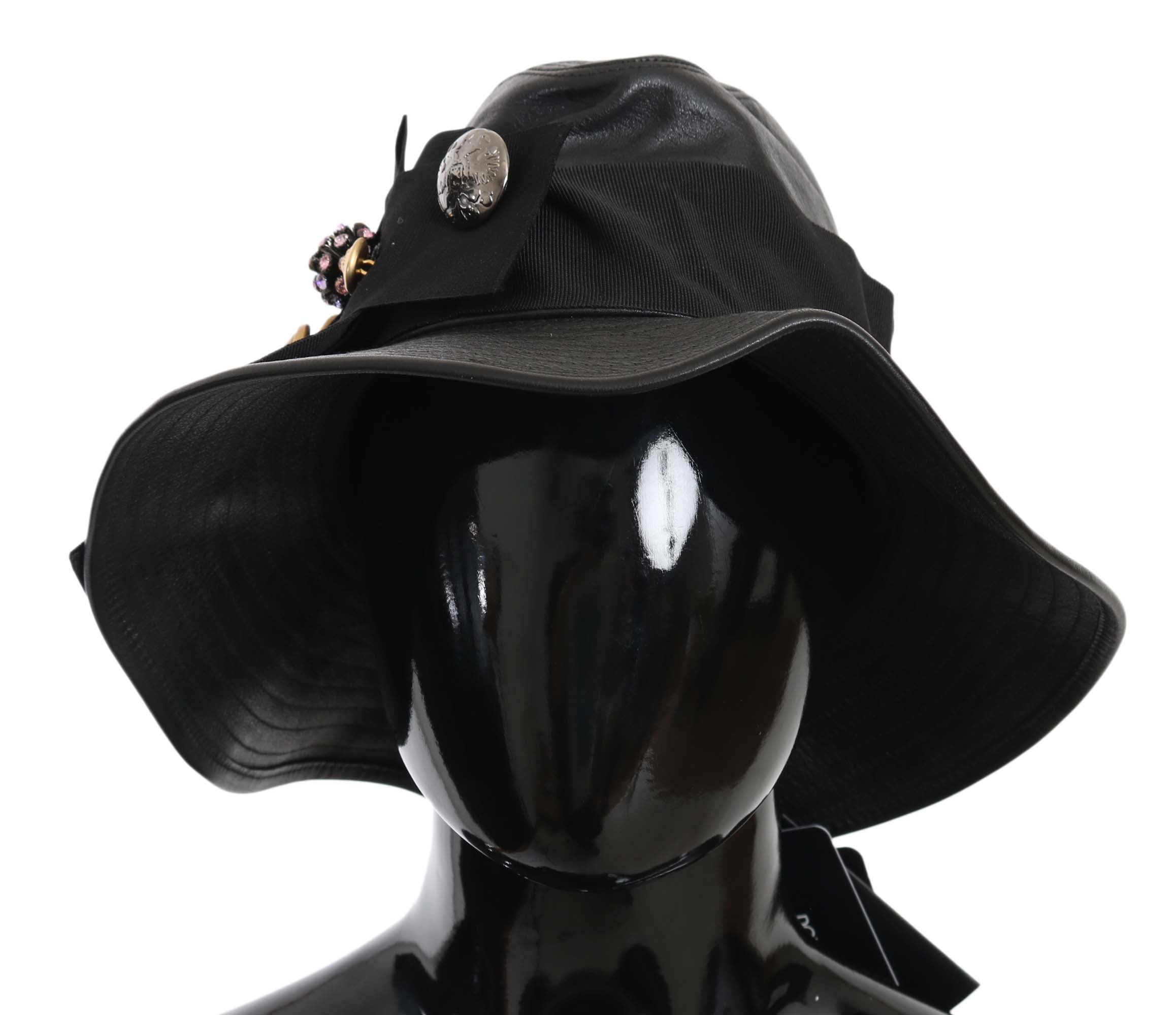 Dolce & Gabbana Black Leather DG Coin Crystal Wide-Brim Hat