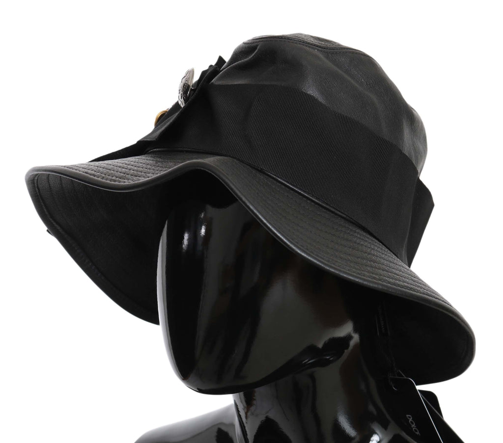 Dolce & Gabbana Black Leather DG Coin Crystal Wide-Brim Hat
