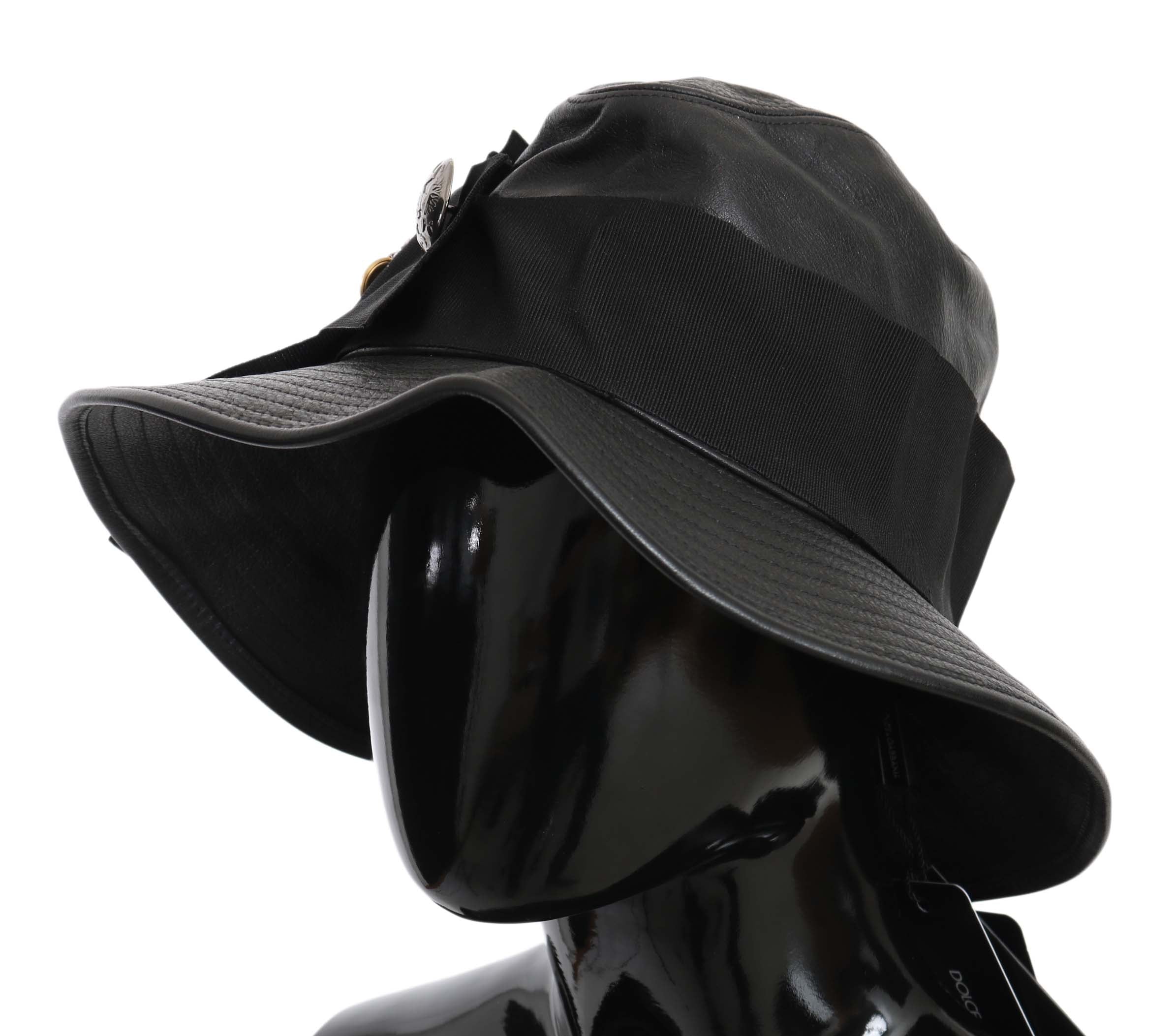 Dolce & Gabbana Black Leather DG Coin Crystal Wide-Brim Hat