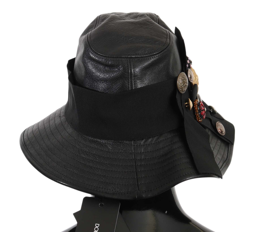 Dolce & Gabbana Black Leather DG Coin Crystal Wide-Brim Hat