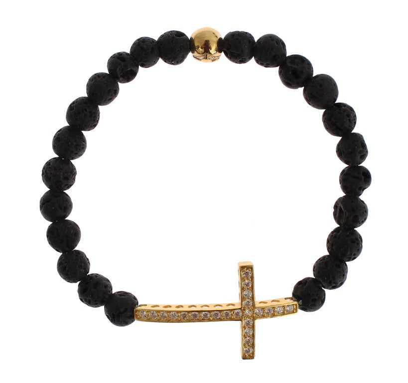 Nialaya Lava Stein Gold Klar CZ Kreuz 925 Silber Armband