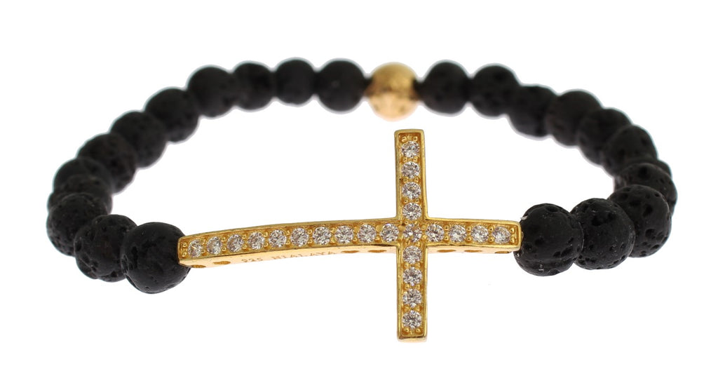 Nialaya Lava Stein Gold Klar CZ Kreuz 925 Silber Armband