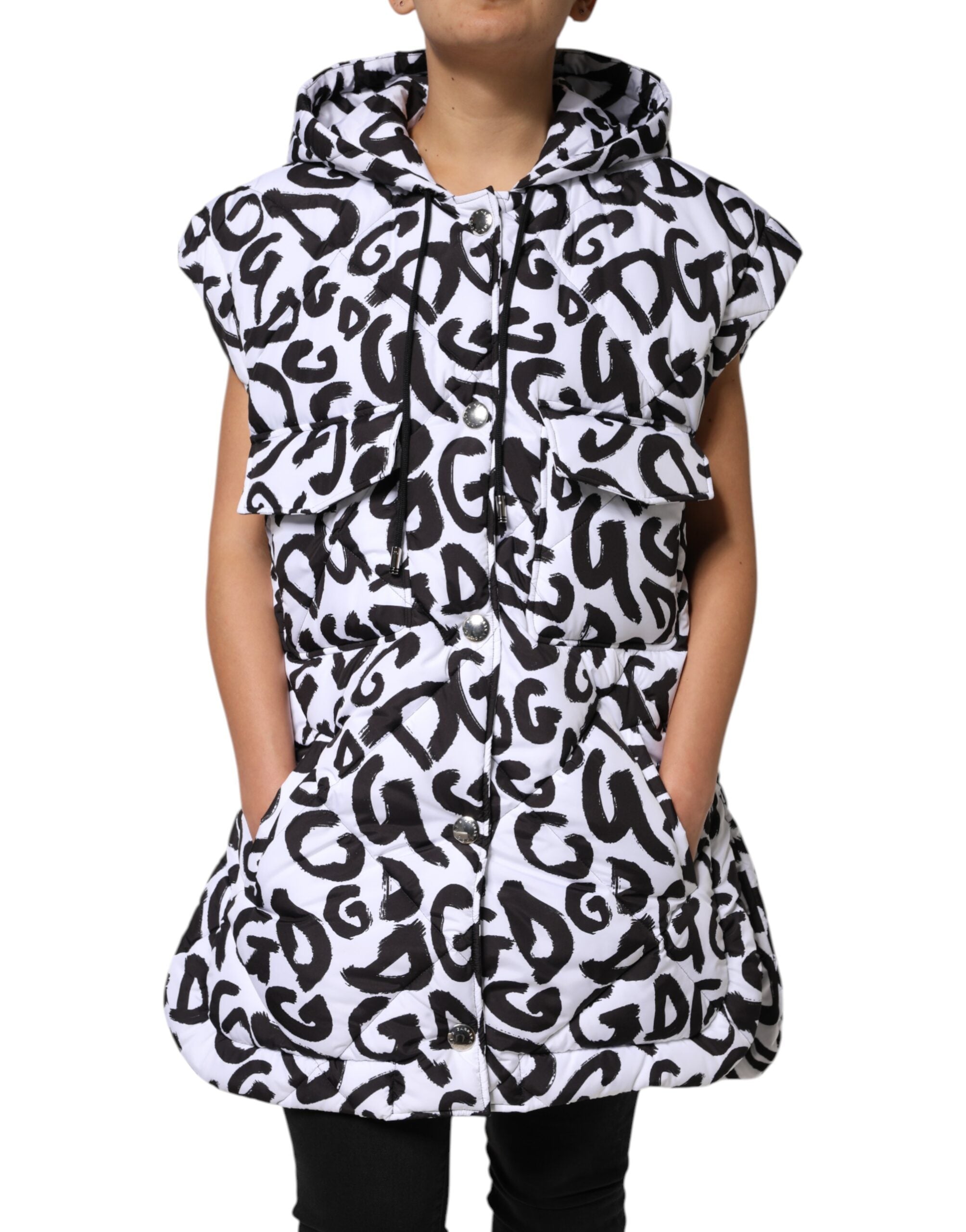 Dolce & Gabbana White DG Mania Sleeveless Hooded Puffer Jacket