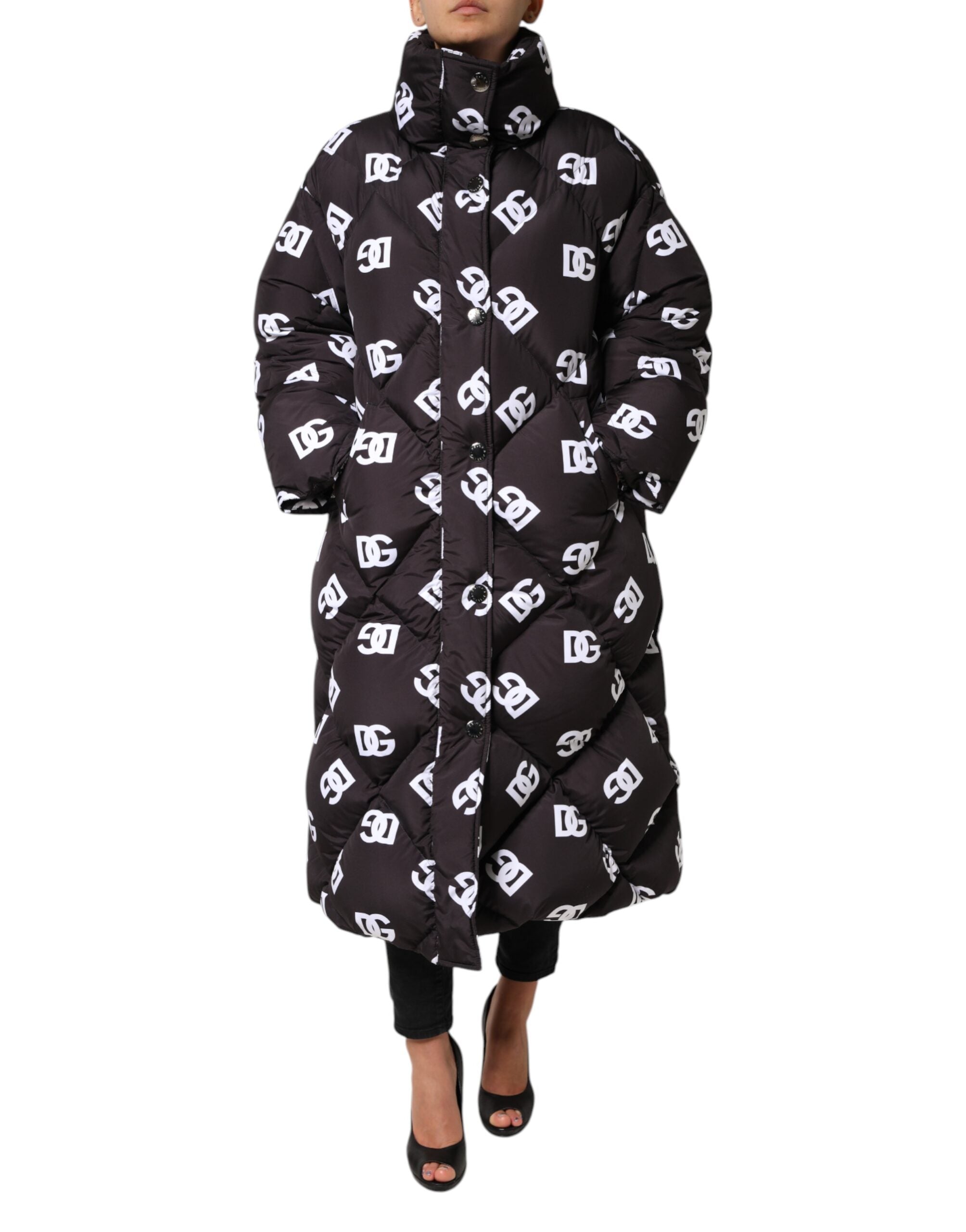 Dolce & Gabbana Schwarzer DG Mania Puffer gesteppter langer Mantel Jacke